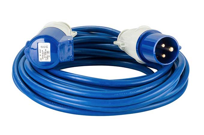 A 14 Metre long 240V 16Amp extension lead (2.55mm&sup2; blue arctic cable) for use with mains power. 